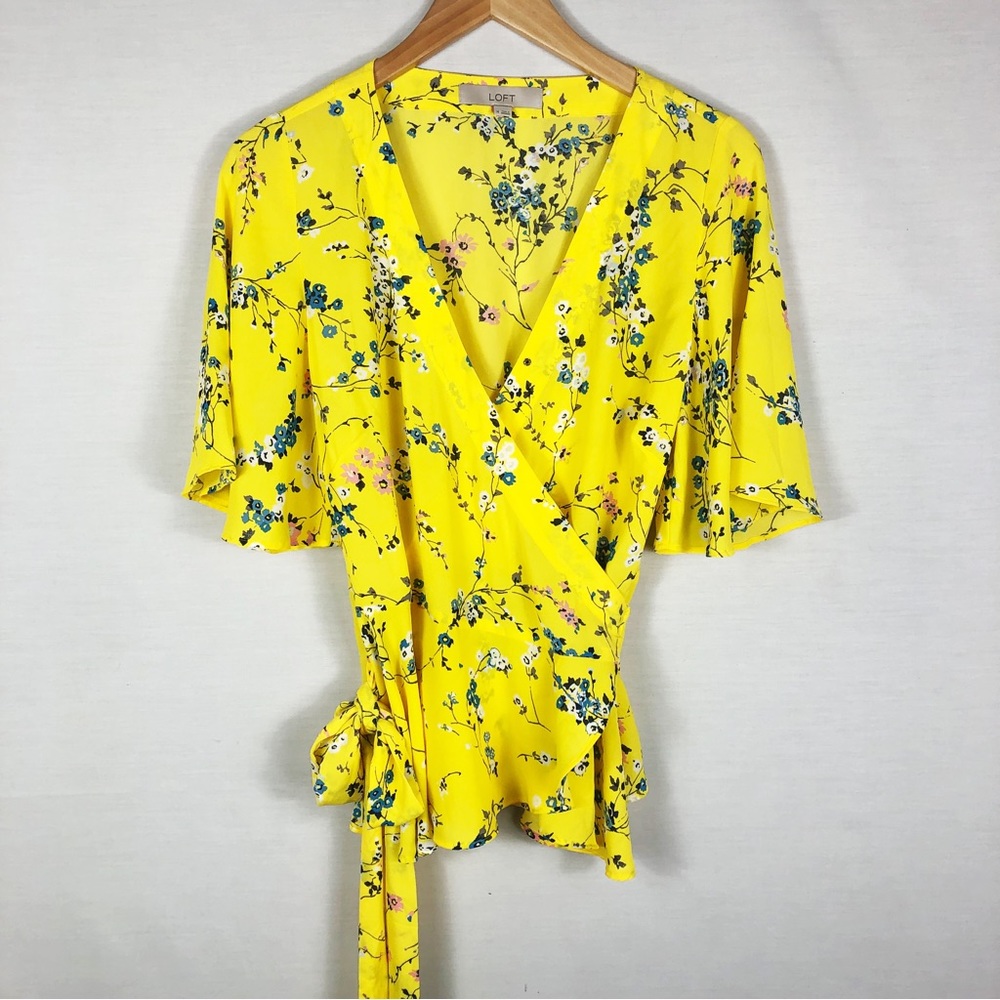 LOFT Floral Flutter Sleeve Wrap Blouse Top | Yellow Blue Pink | Size Medium